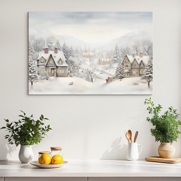 Snowy landscape with houses and trees Snowy landscape with houses and trees