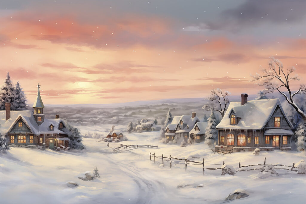 Snow covered village with houses and a fence