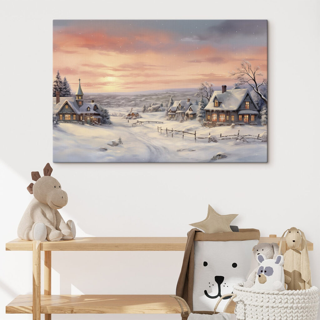 Snow covered village with houses and a fence