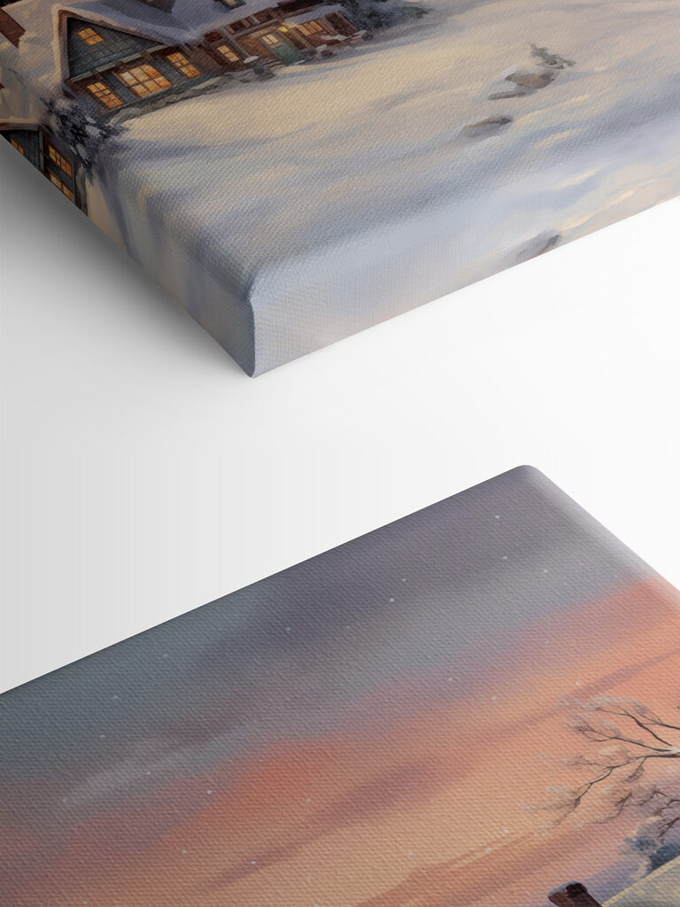 Snow covered village with houses and a fence