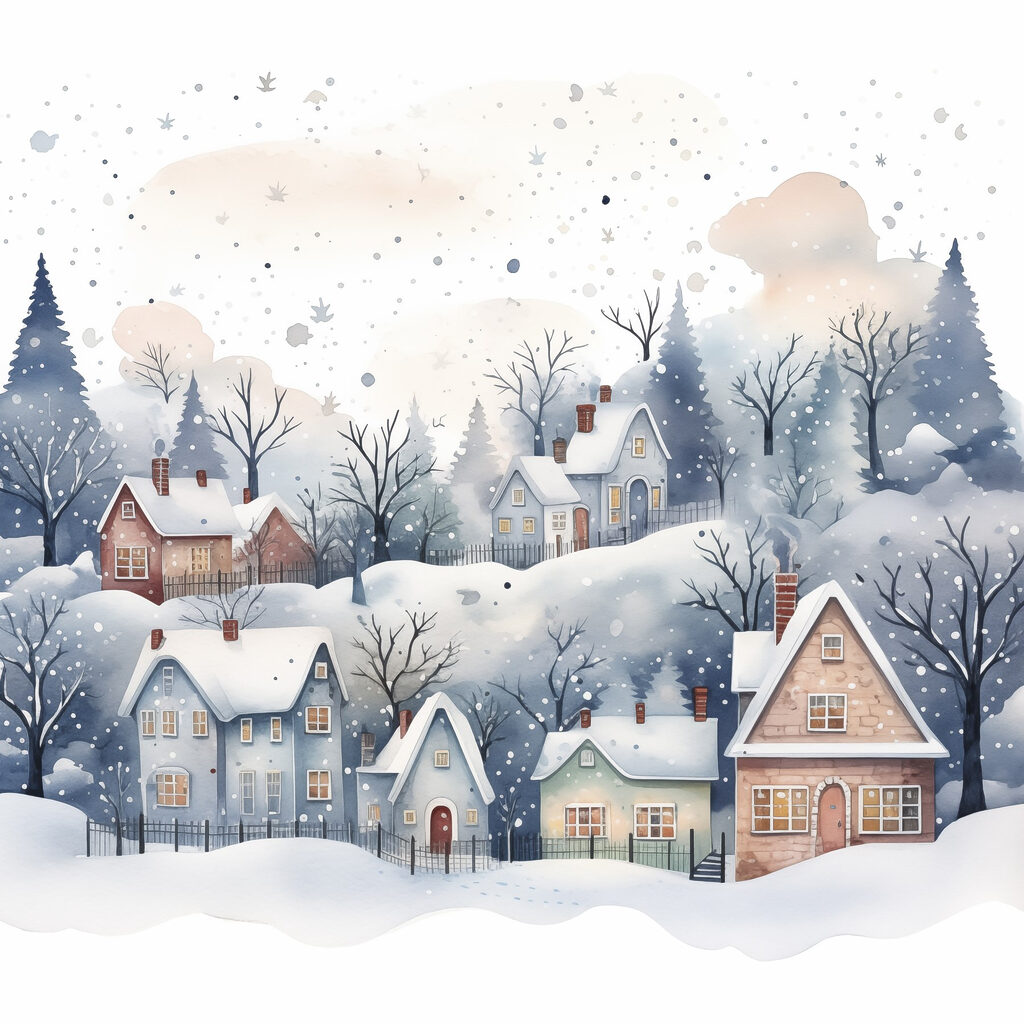 Watercolor painting of houses and trees in the snow