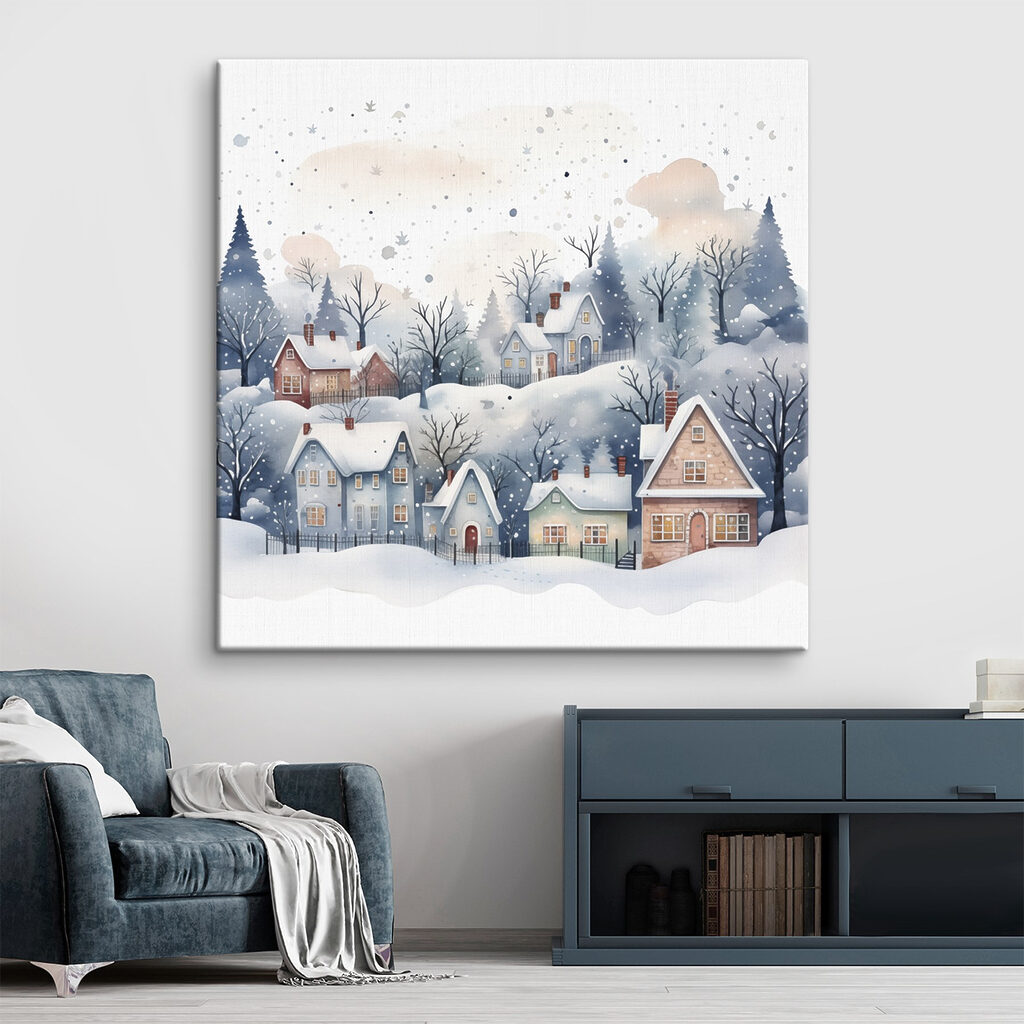 Watercolor painting of houses and trees in the snow