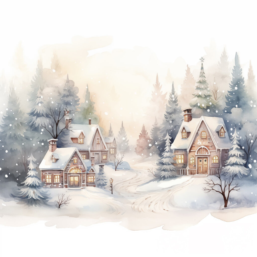 Watercolor painting of houses in a snowy forest
