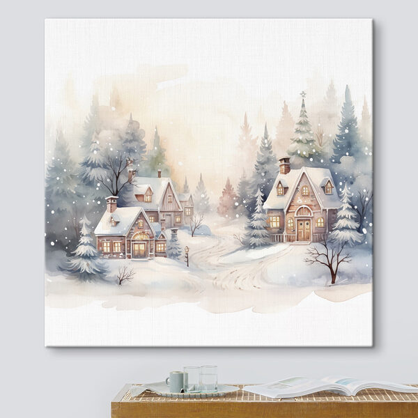 Watercolor painting of houses in a snowy forest Watercolor painting of houses in a snowy forest