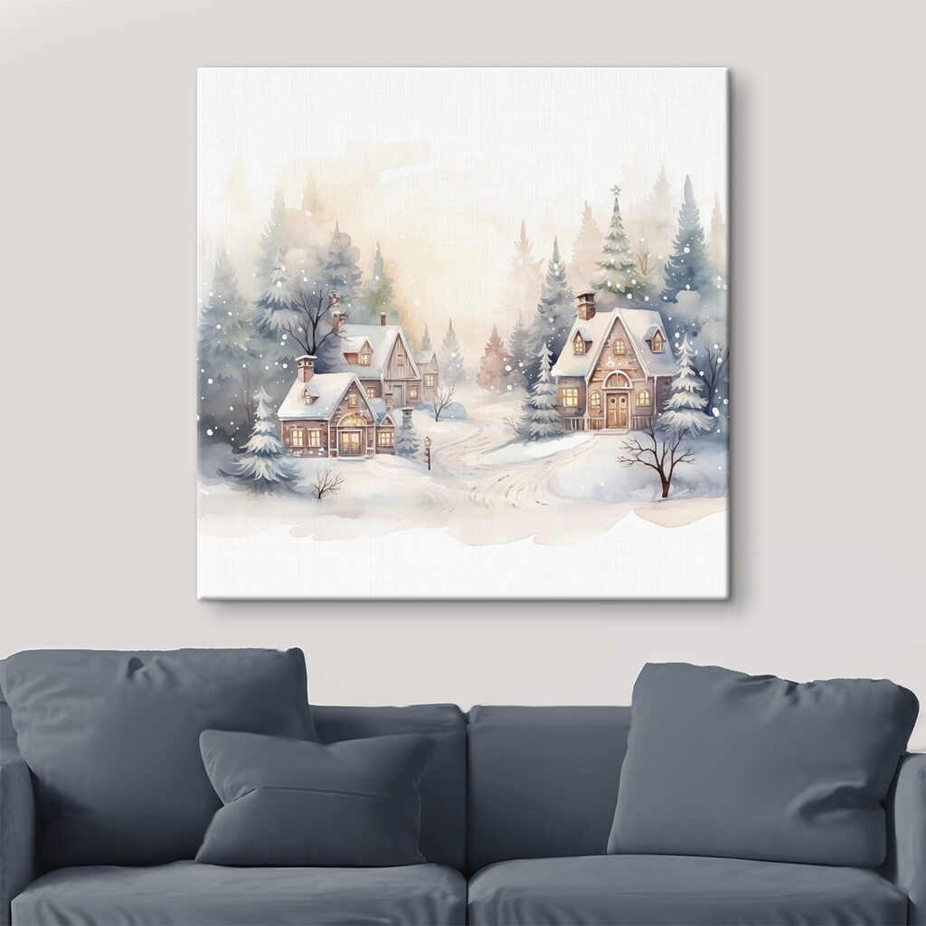 Watercolor painting of houses in a snowy forest