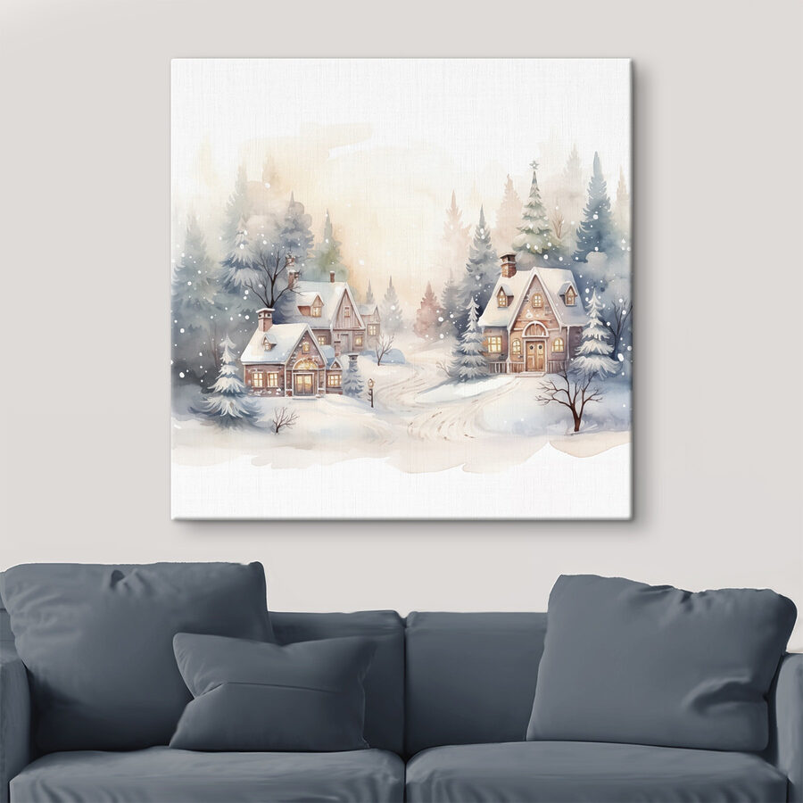 Watercolor painting of houses in a snowy forest Watercolor painting of houses in a snowy forest