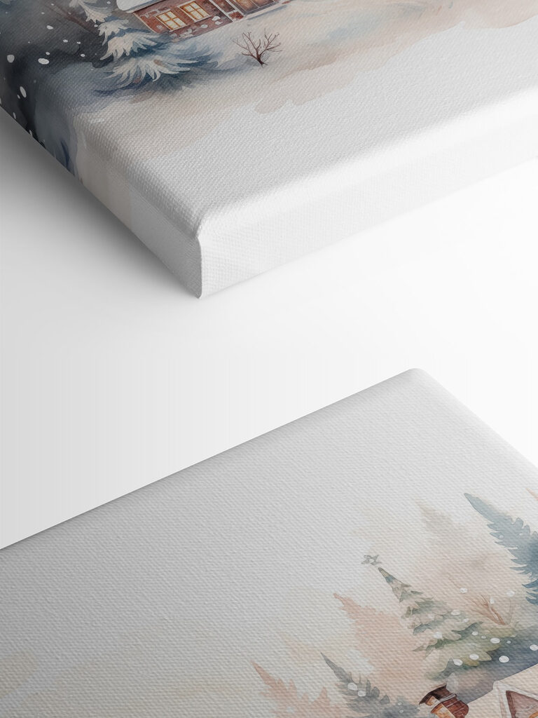 Watercolor painting of houses in a snowy forest