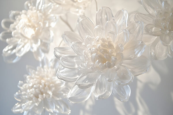 Sunt expuse sculpturi florale delicate din sticlă. Sunt expuse sculpturi florale delicate din sticlă.