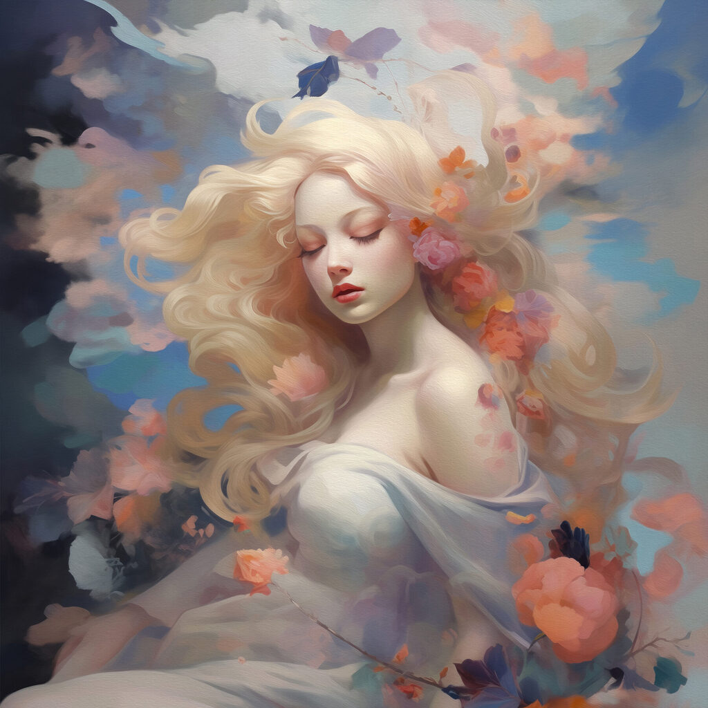 Woman with long blonde hair and flowers in her hair Woman with long blonde hair and flowers in her hair