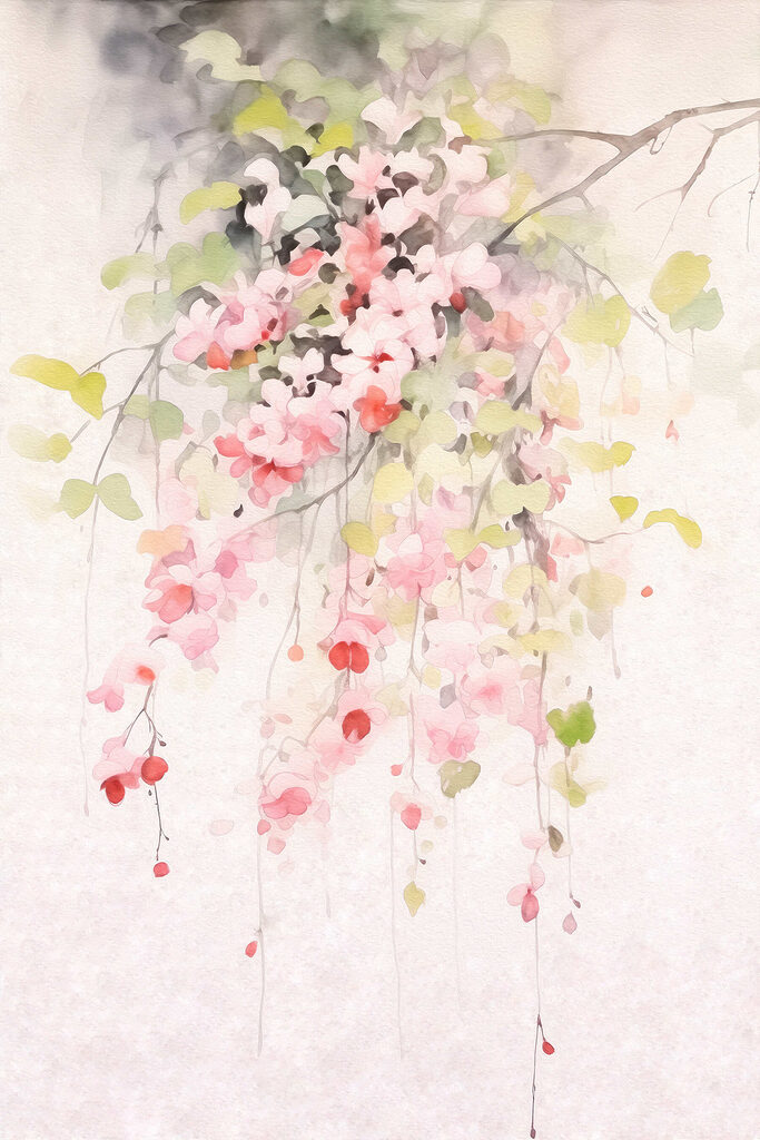 Watercolor painting of pink flowers and green leaves Watercolor painting of pink flowers and green leaves