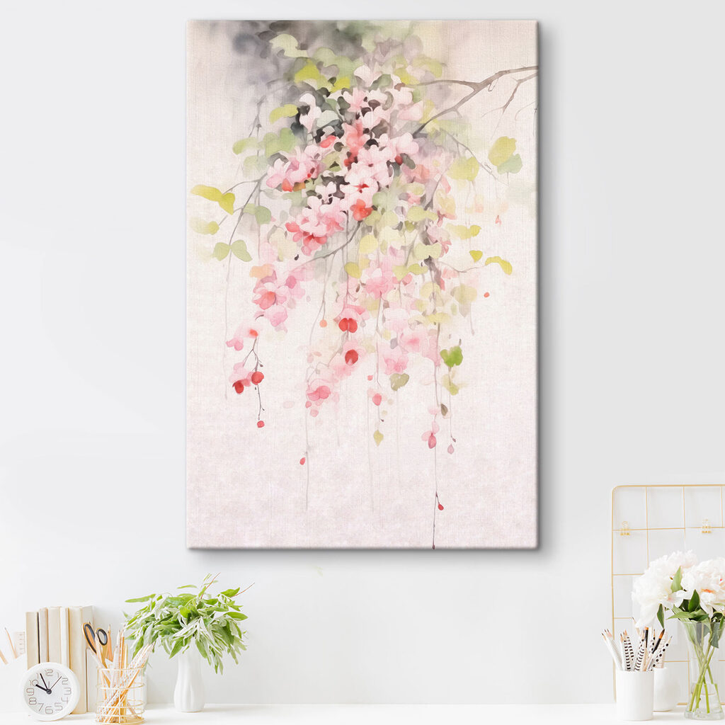 Watercolor painting of pink flowers and green leaves Watercolor painting of pink flowers and green leaves
