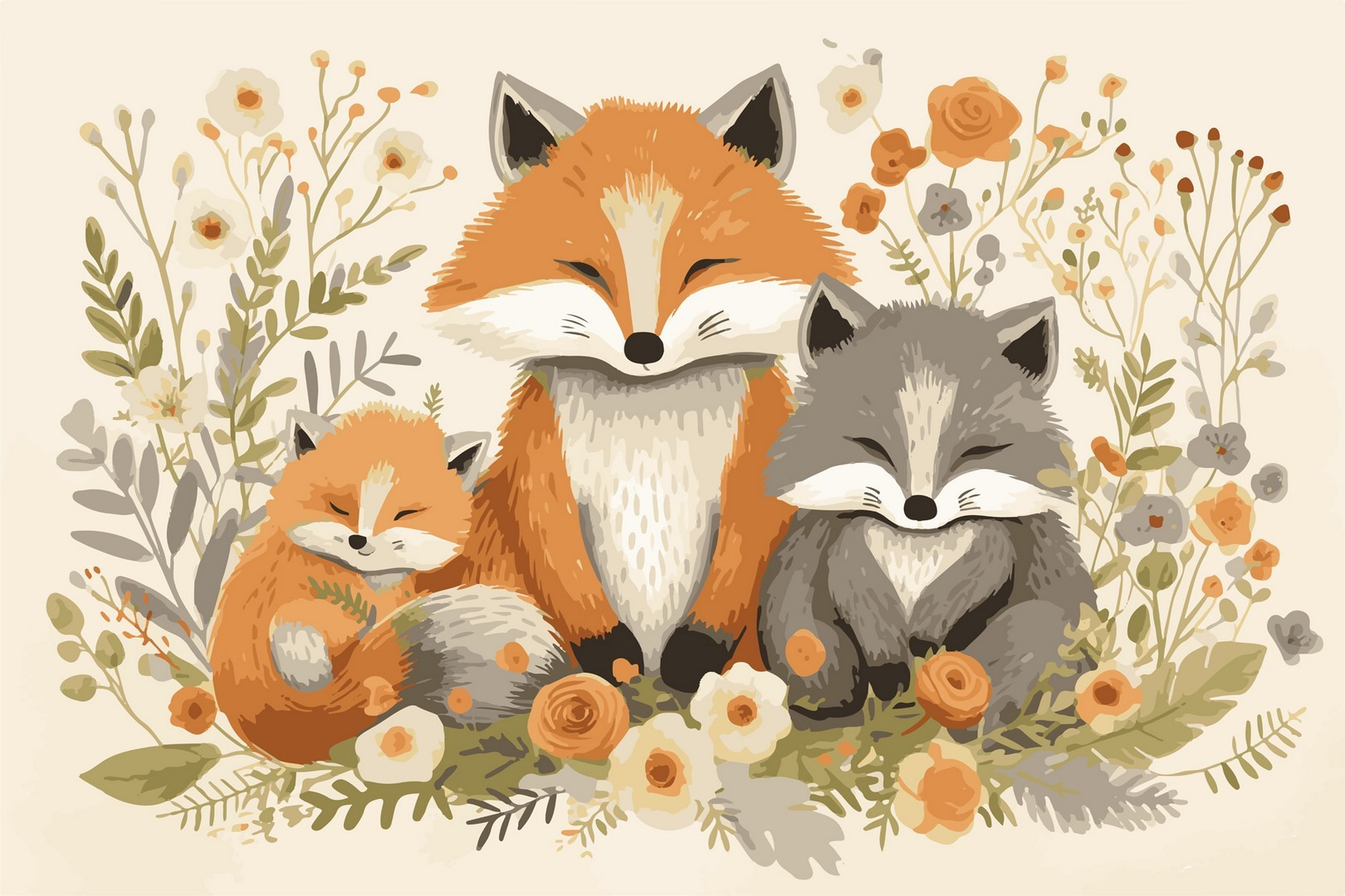 Fox and baby fox sitting in flowers Fox and baby fox sitting in flowers