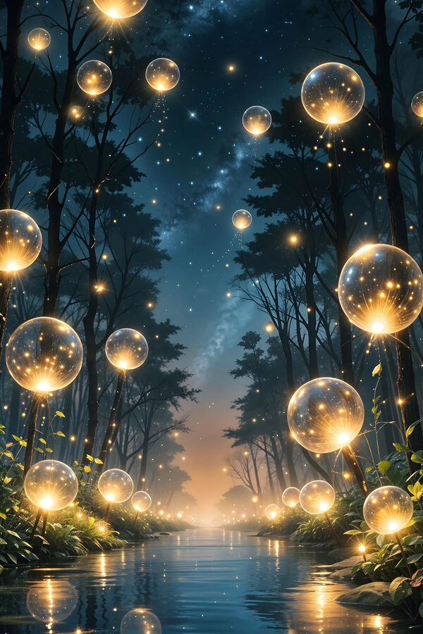 Glowing bubbles in a forest