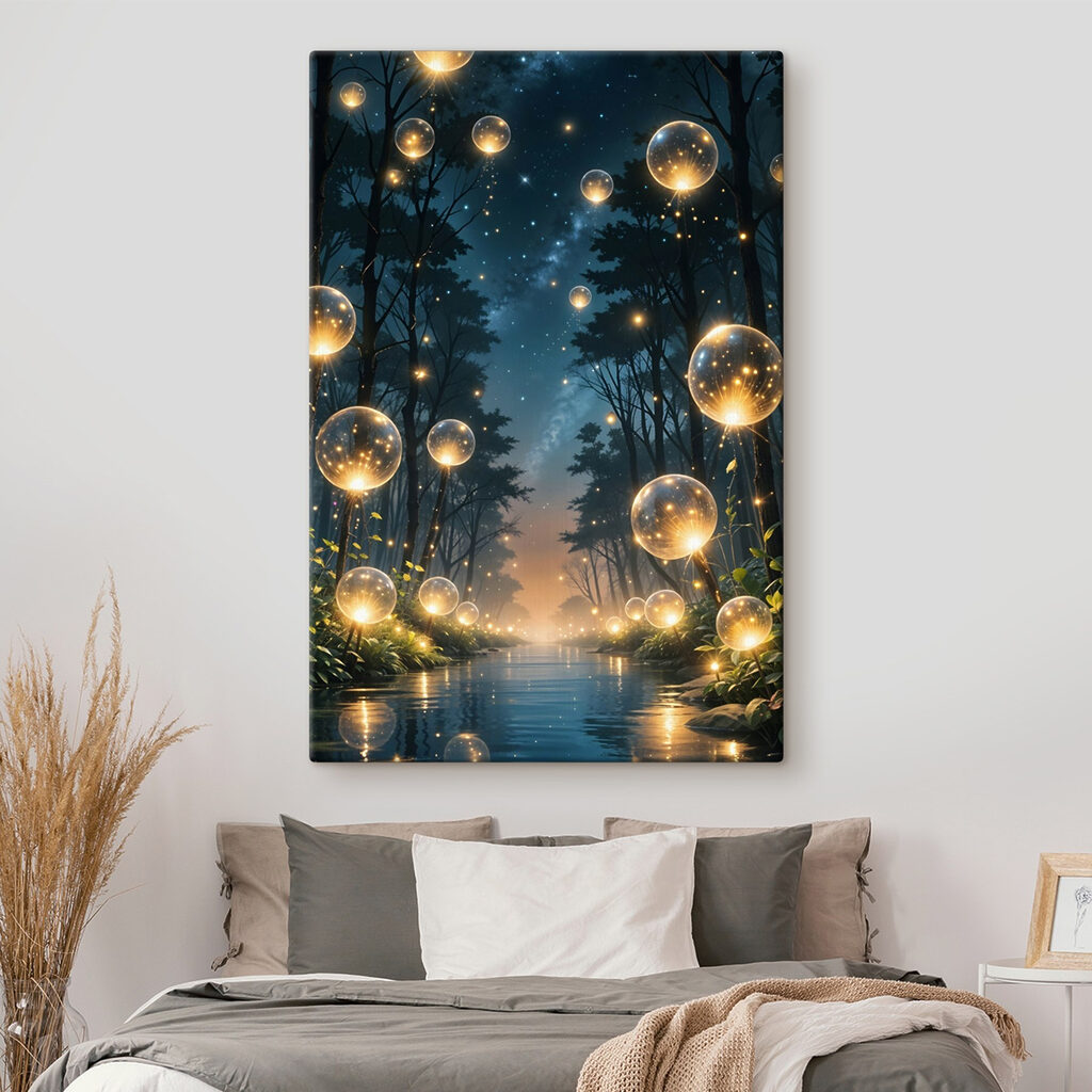 Glowing bubbles in a forest