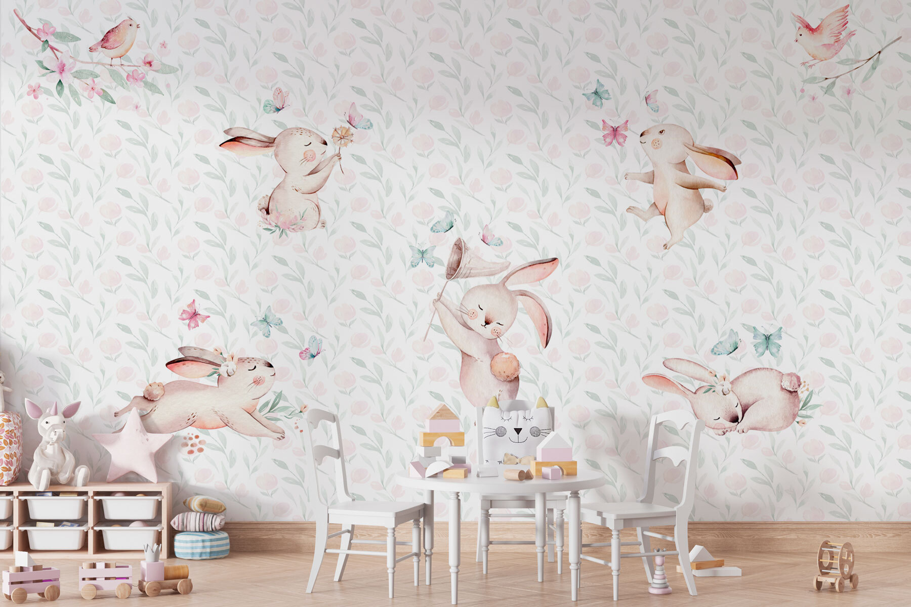 Pattern of watercolor bunnies and butterflies