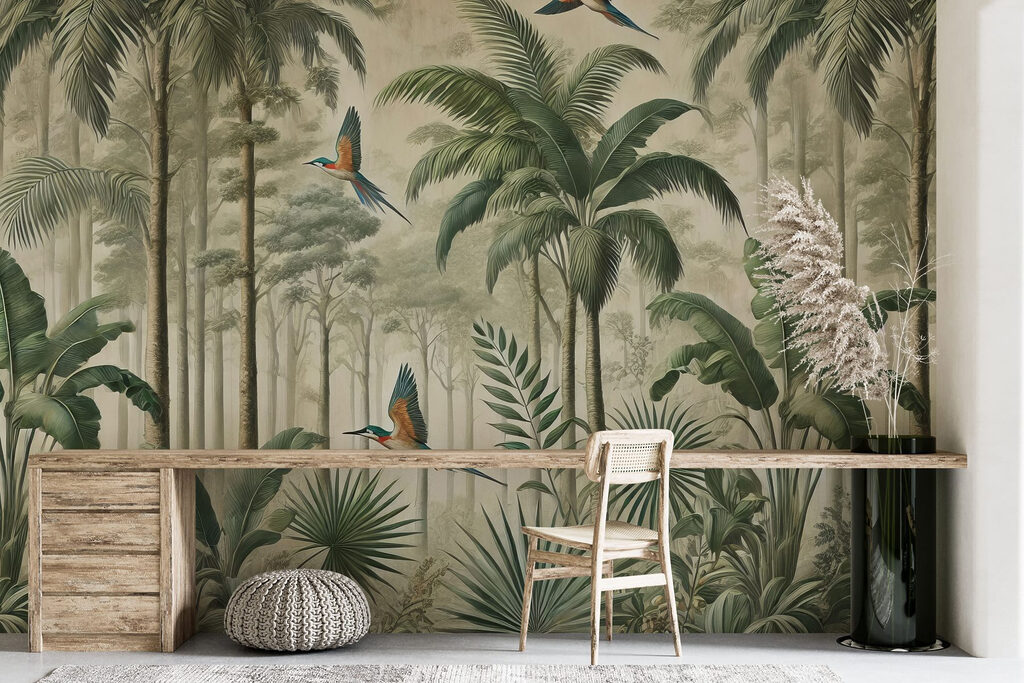 Mural of birds flying over a forest