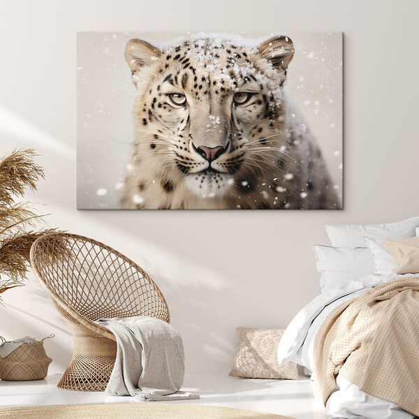 Leopard de zăpadă cu zăpadă pe cap Leopard de zăpadă cu zăpadă pe cap