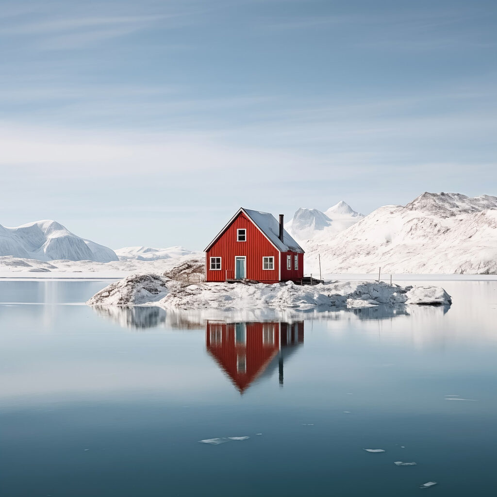 Red house on an island in water with snow covered mountains in the background Red house on an island in water with snow covered mountains in the background