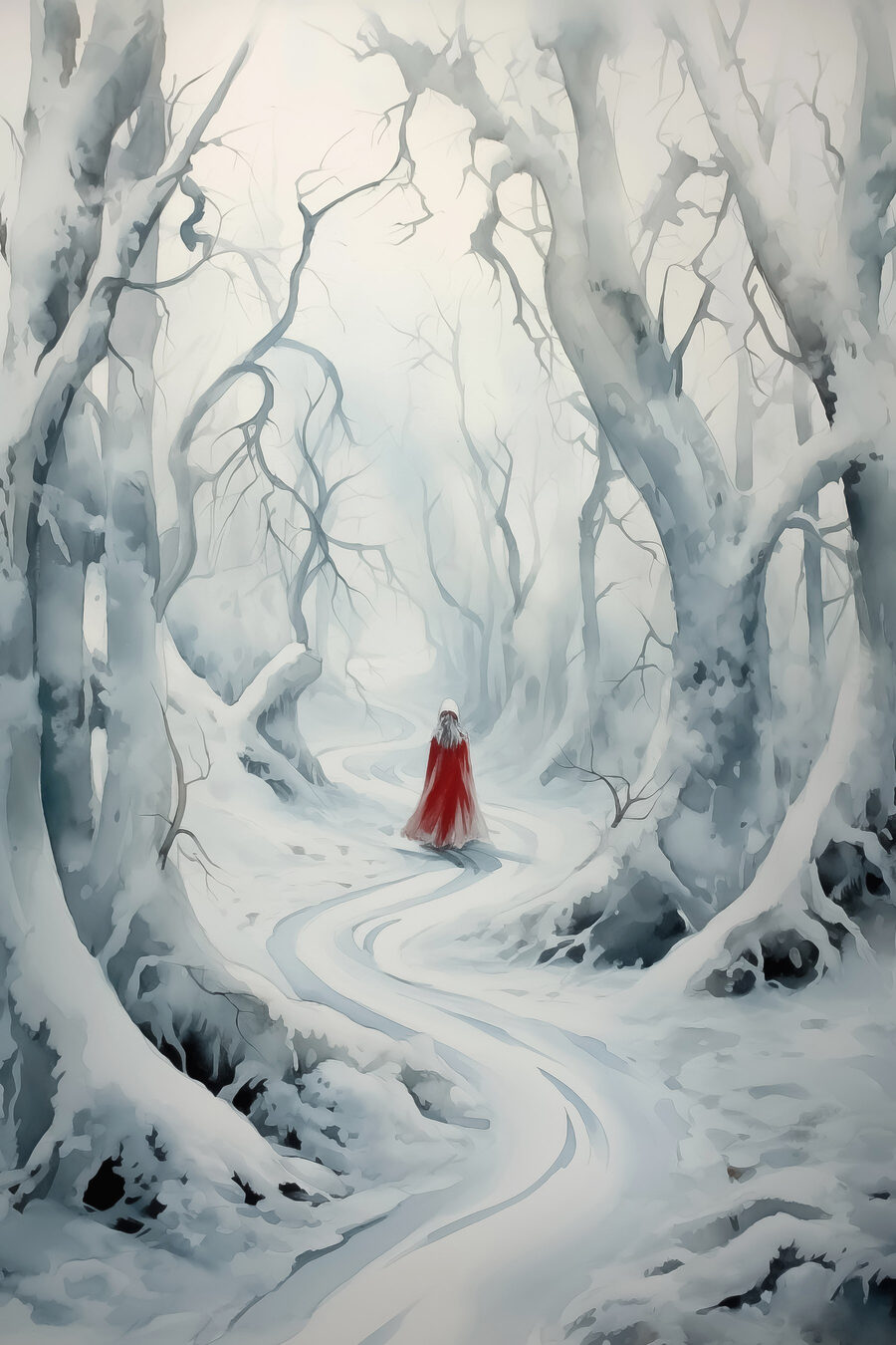 Person in a red cape walking through a snowy forest Person in a red cape walking through a snowy forest