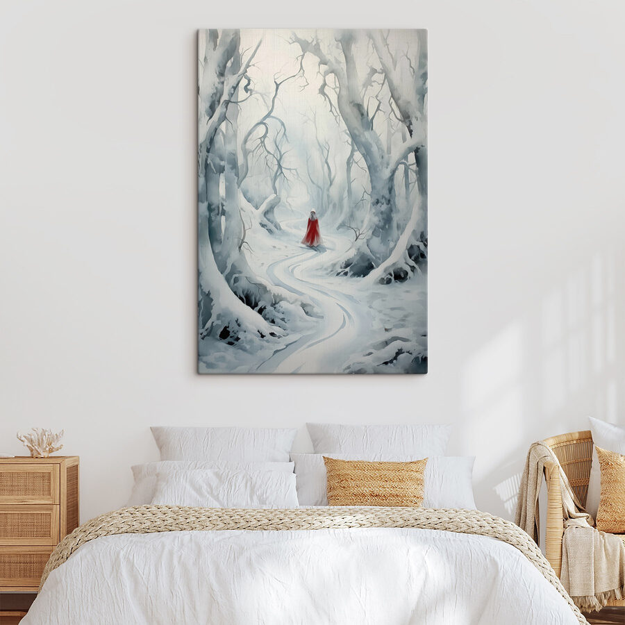 Person in a red cape walking through a snowy forest Person in a red cape walking through a snowy forest