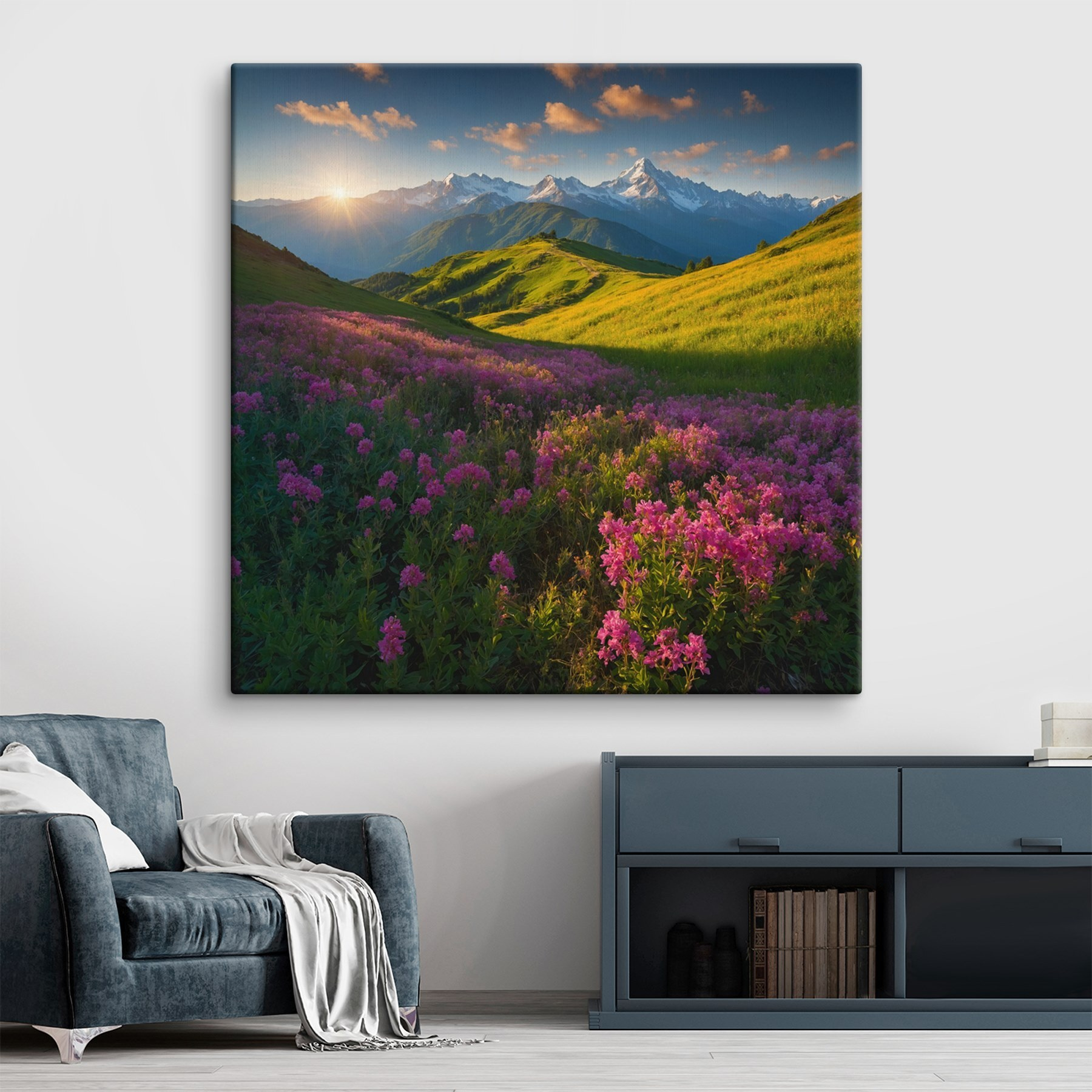 Field of flowers with mountains in the background