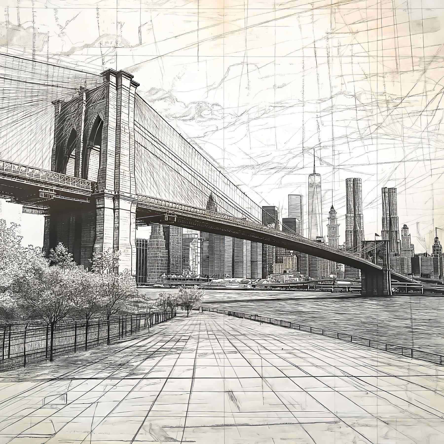 Drawing of a bridge and a city