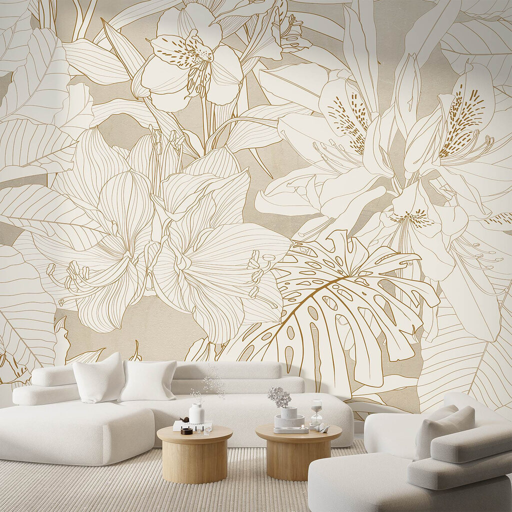 Wallpaper with flowers and leaves