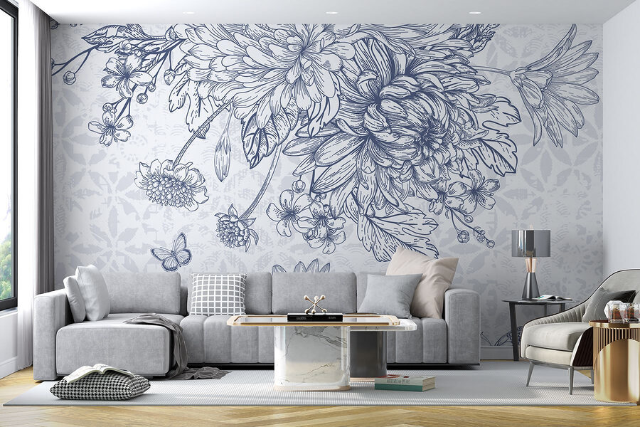 Ilustrație florală cu fluturi delicați