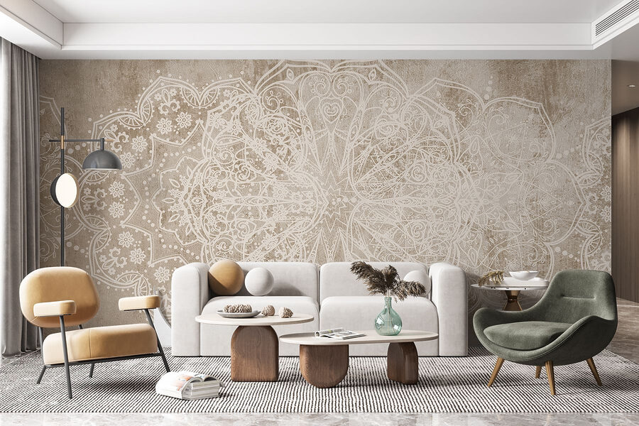 Design ornamentat alb pe o suprafață maro