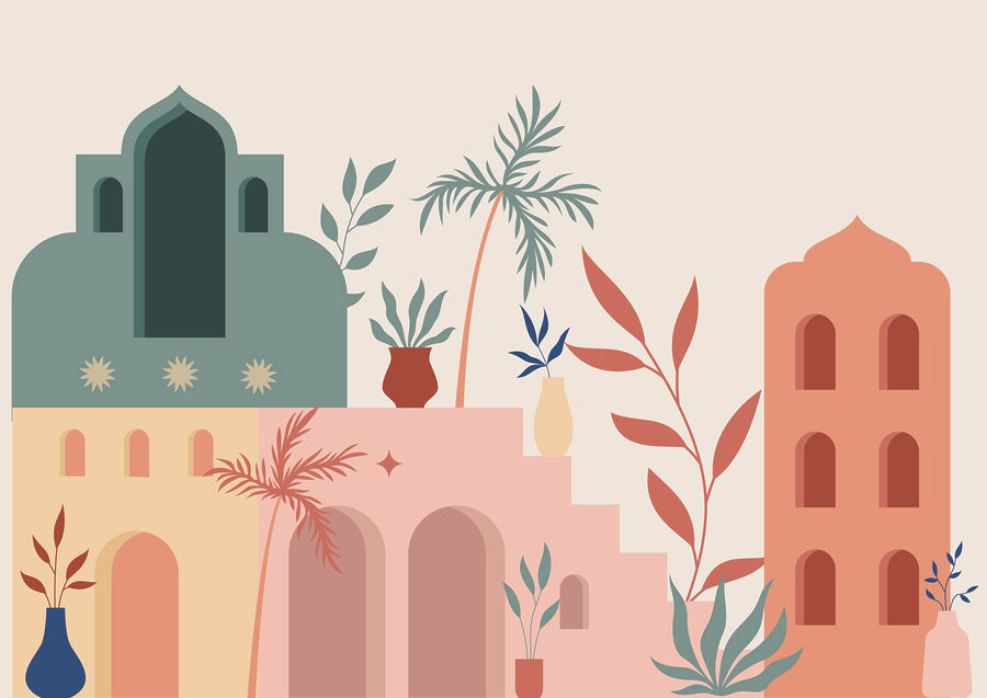 Fototapet Ilustrație colorată de clădiri și plante - imagine 3
