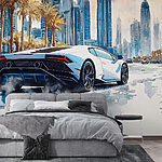 Fototapet Pictura de o masina sport alb de conducere pe un drum cu palmieri