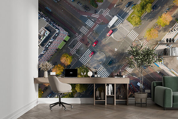 Fototapet Vedere aeriană a unei intersecții de străzi cu mașini și clădiri