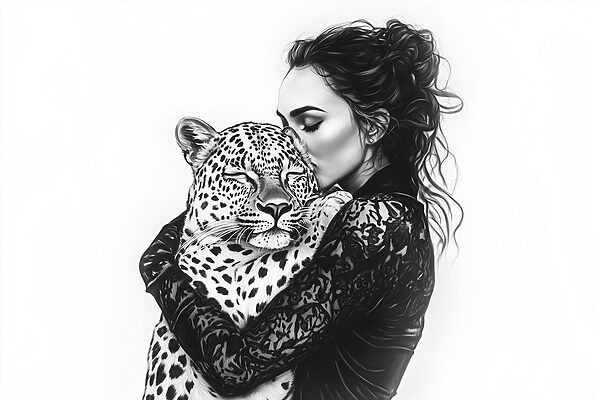 Femeie îmbrățișând un leopard Femeie îmbrățișând un leopard