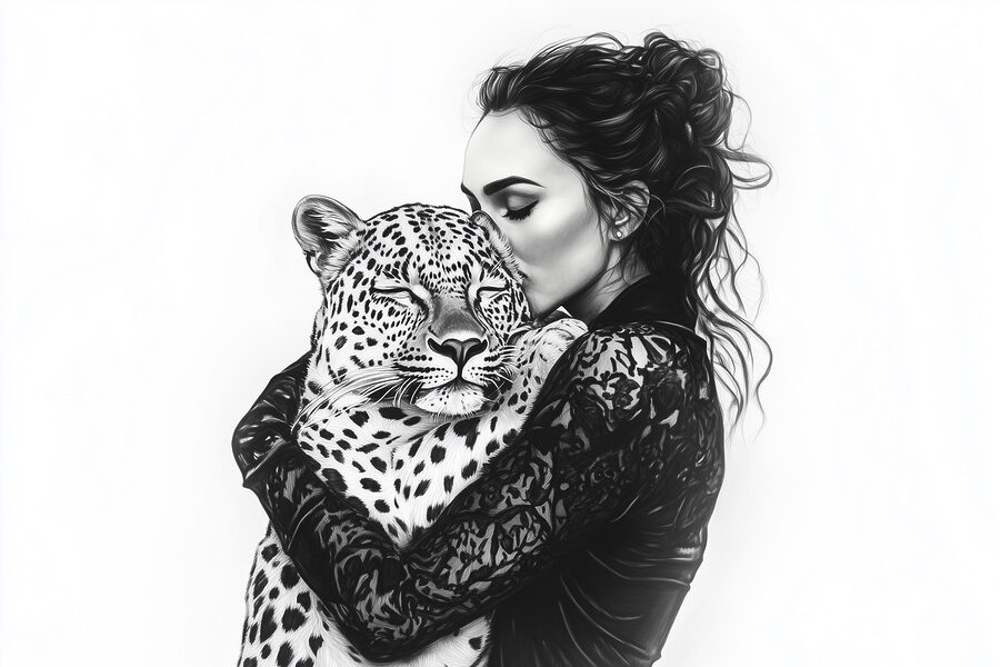 Femeie îmbrățișând un leopard
