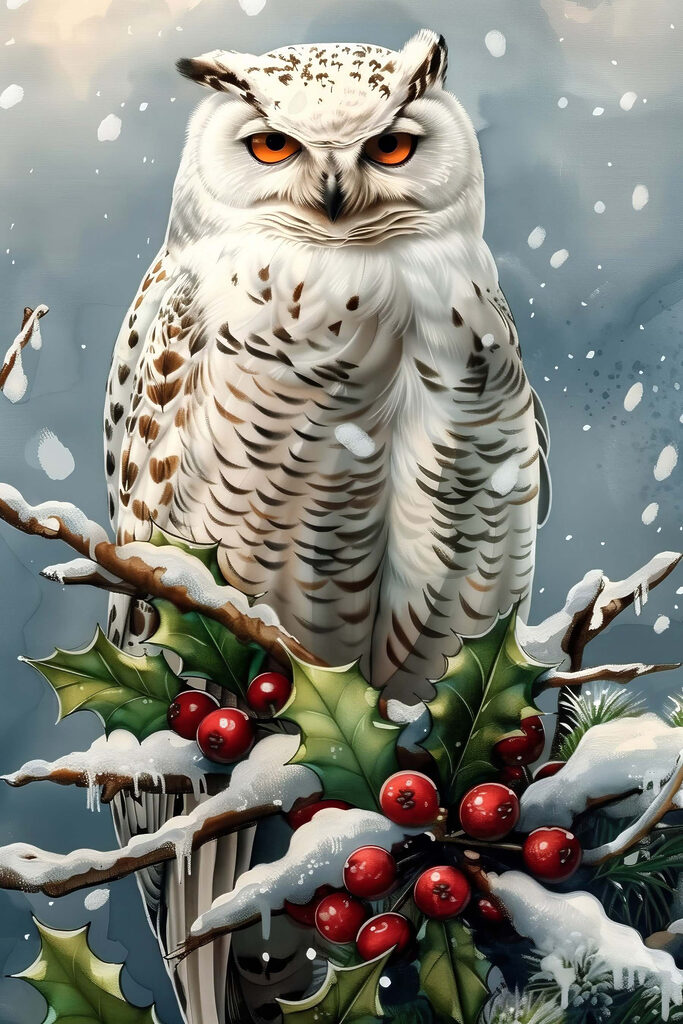 White owl sitting on a branch with snow and berries