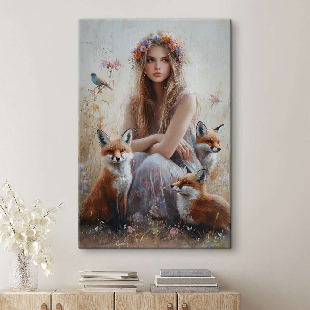 Painting of a woman with foxes Painting of a woman with foxes