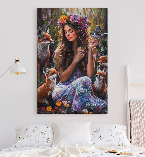 Pictura unei femei care ține flori și păsări Pictura unei femei care ține flori și păsări
