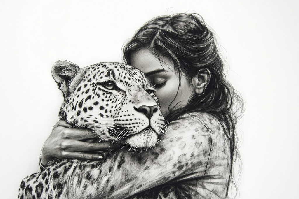 Drawing of a woman hugging a leopard Drawing of a woman hugging a leopard