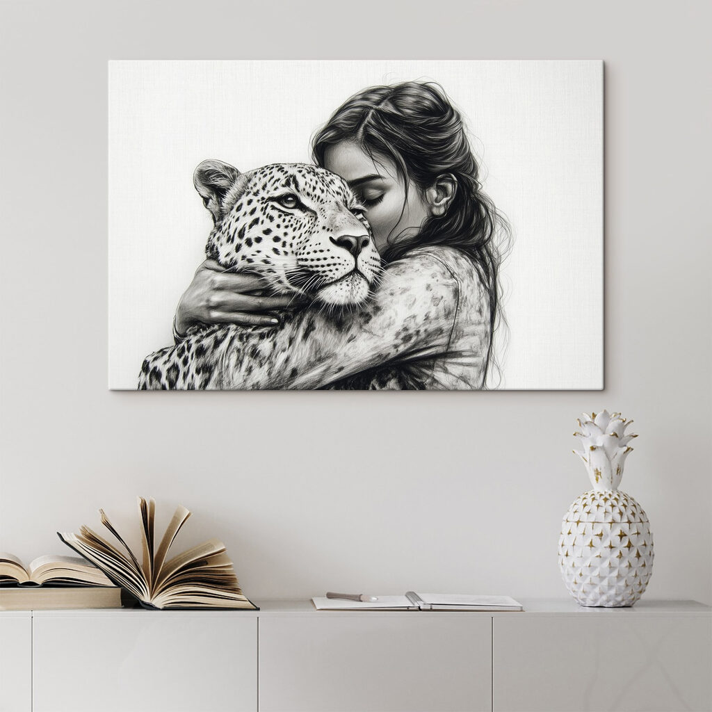 Drawing of a woman hugging a leopard Drawing of a woman hugging a leopard