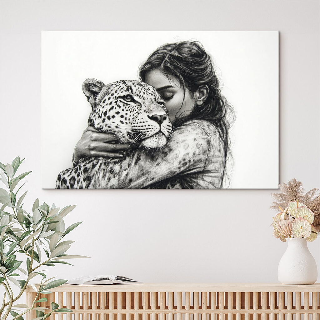 Drawing of a woman hugging a leopard Drawing of a woman hugging a leopard