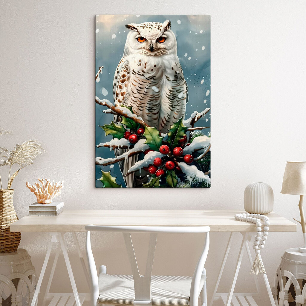 White owl sitting on a branch with snow and berries