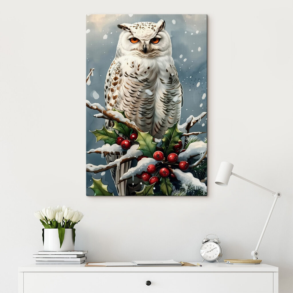 White owl sitting on a branch with snow and berries