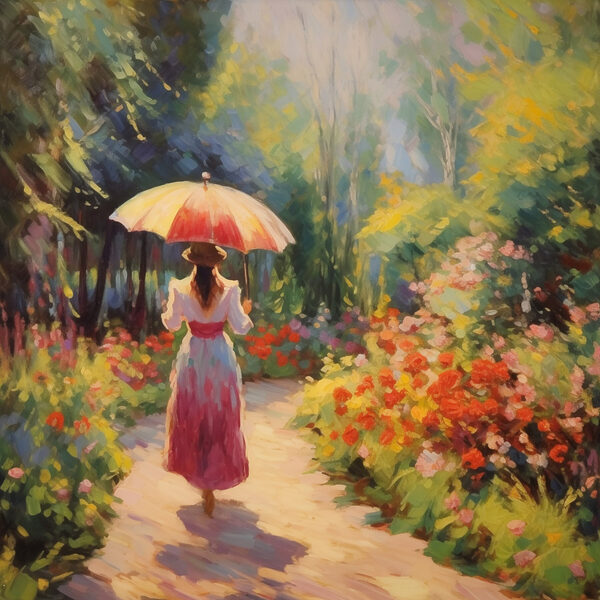 Femeie care merge pe o cărare cu o umbrelă mare Femeie care merge pe o cărare cu o umbrelă mare