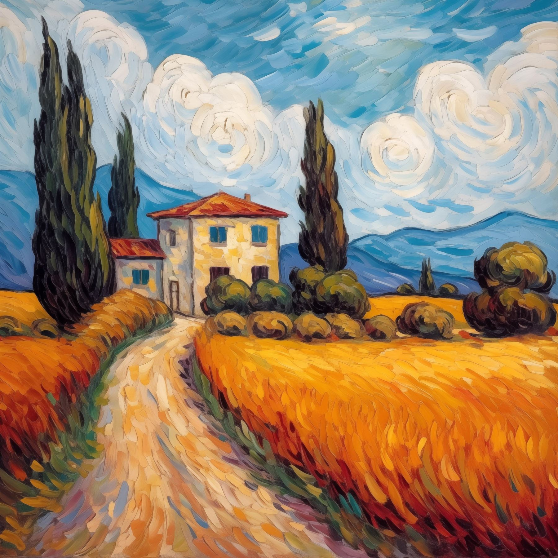 Painting of a house in a wheat field