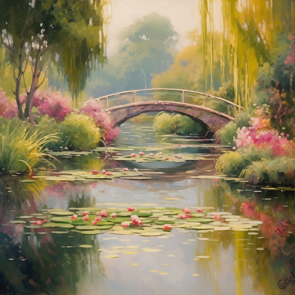 Bridge over a pond with lily pads and flowers