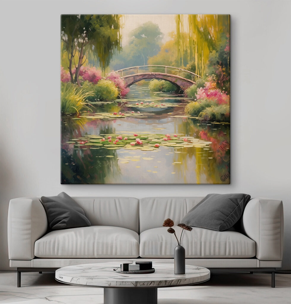 Bridge over a pond with lily pads and flowers
