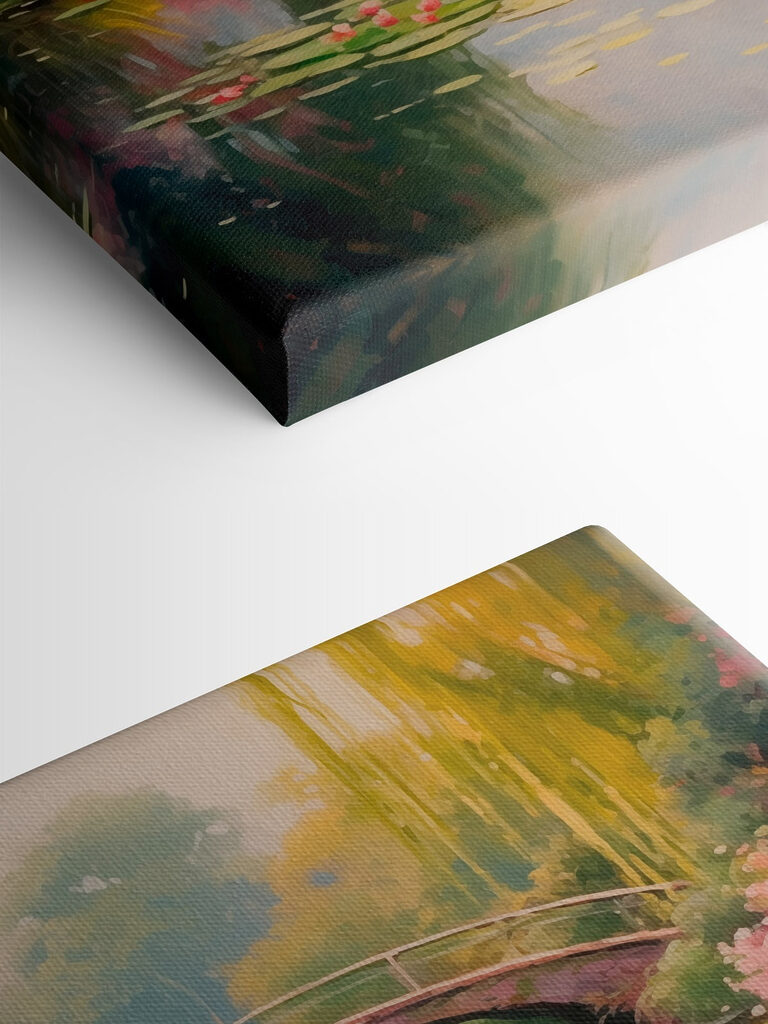 Bridge over a pond with lily pads and flowers