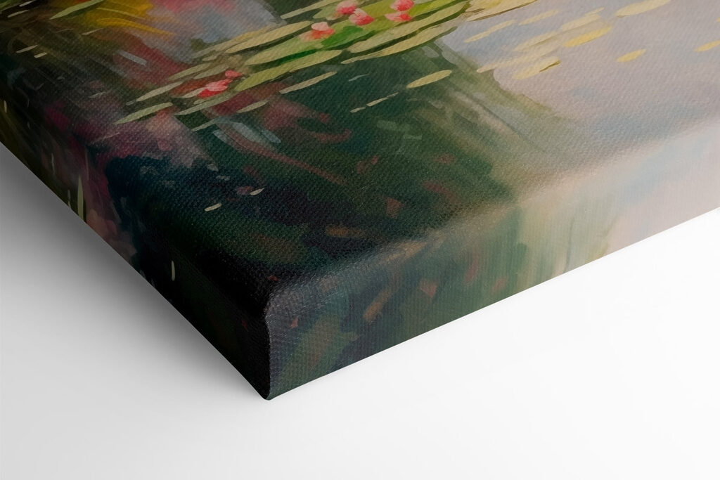 Bridge over a pond with lily pads and flowers