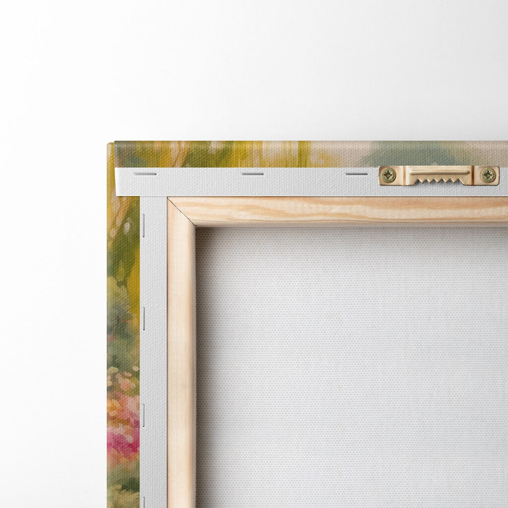 Bridge over a pond with lily pads and flowers