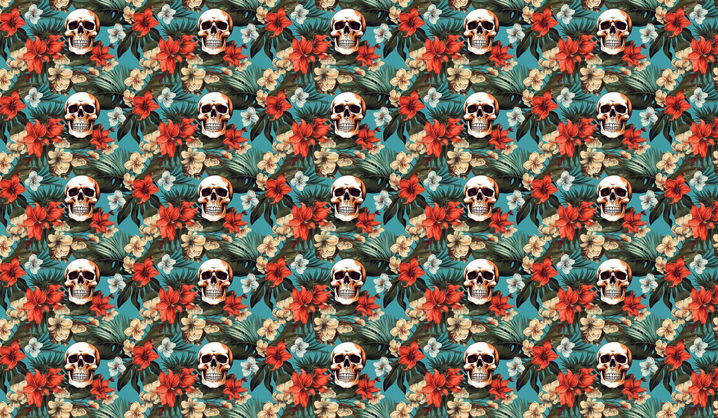 Pattern of flowers and skulls